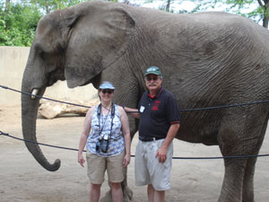 Ken and Catherine Gilbert with an elephant